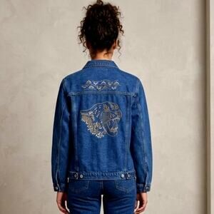 Vintage Most Wanted Women Size Small Panther Denim Blue Jacket Relaxed Fit